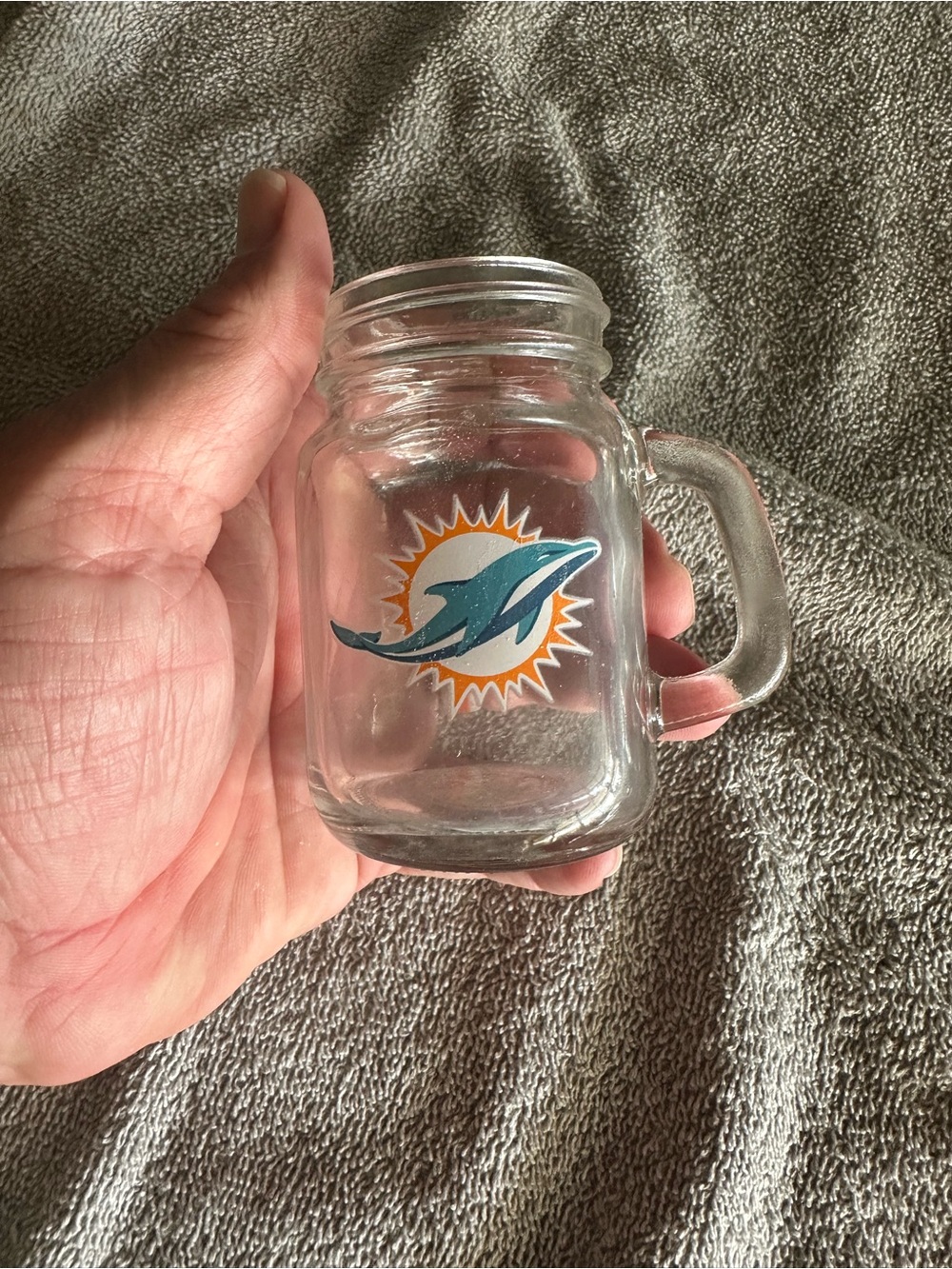 Miami Dolphins Mini Glass Mason Mug with Teal & Orange Dolphin Logo